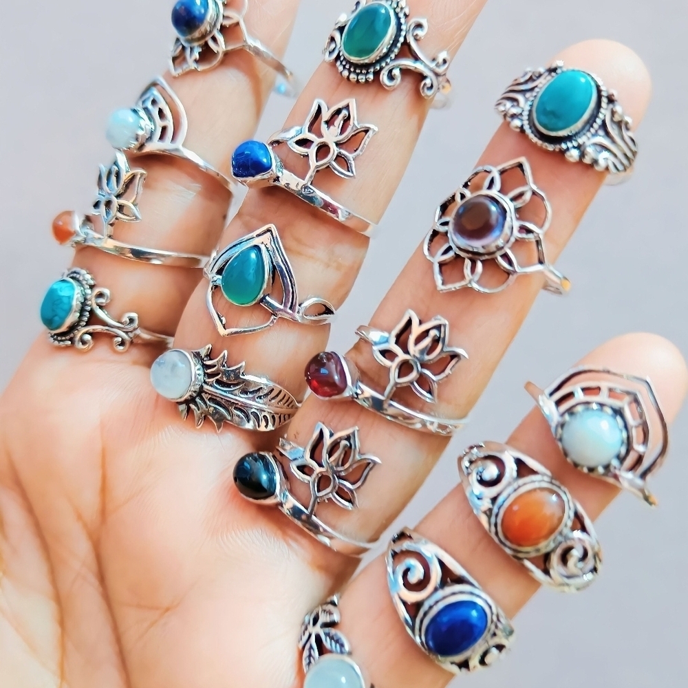 925 Plated Bohemian Silver and Natural Gemstone Rings